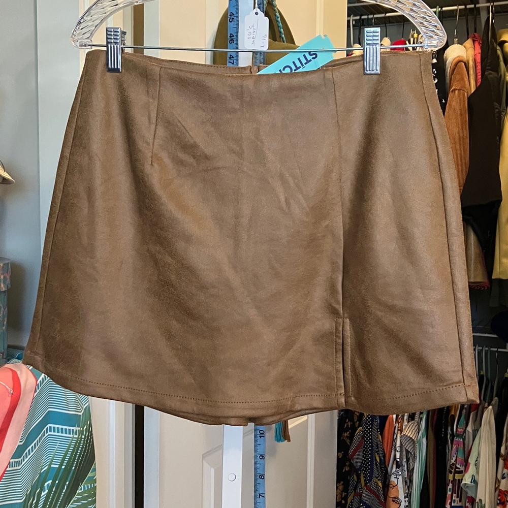 Brown Faux Leather Skort with Clean A-Line Silhouette